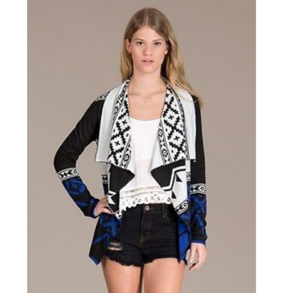 Flying tomato white black and blue Aztec sweater